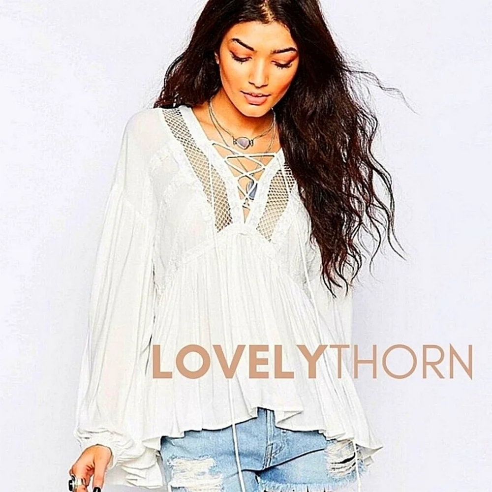 FREE PEOPLE // embroidered lace-up front open knit detail flowy plunge top - Picture 1 of 4